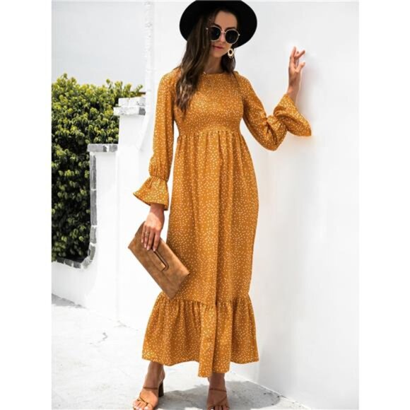 Ruffled Printed Long Sleeve Maxi Dress - Picture 2 of 5